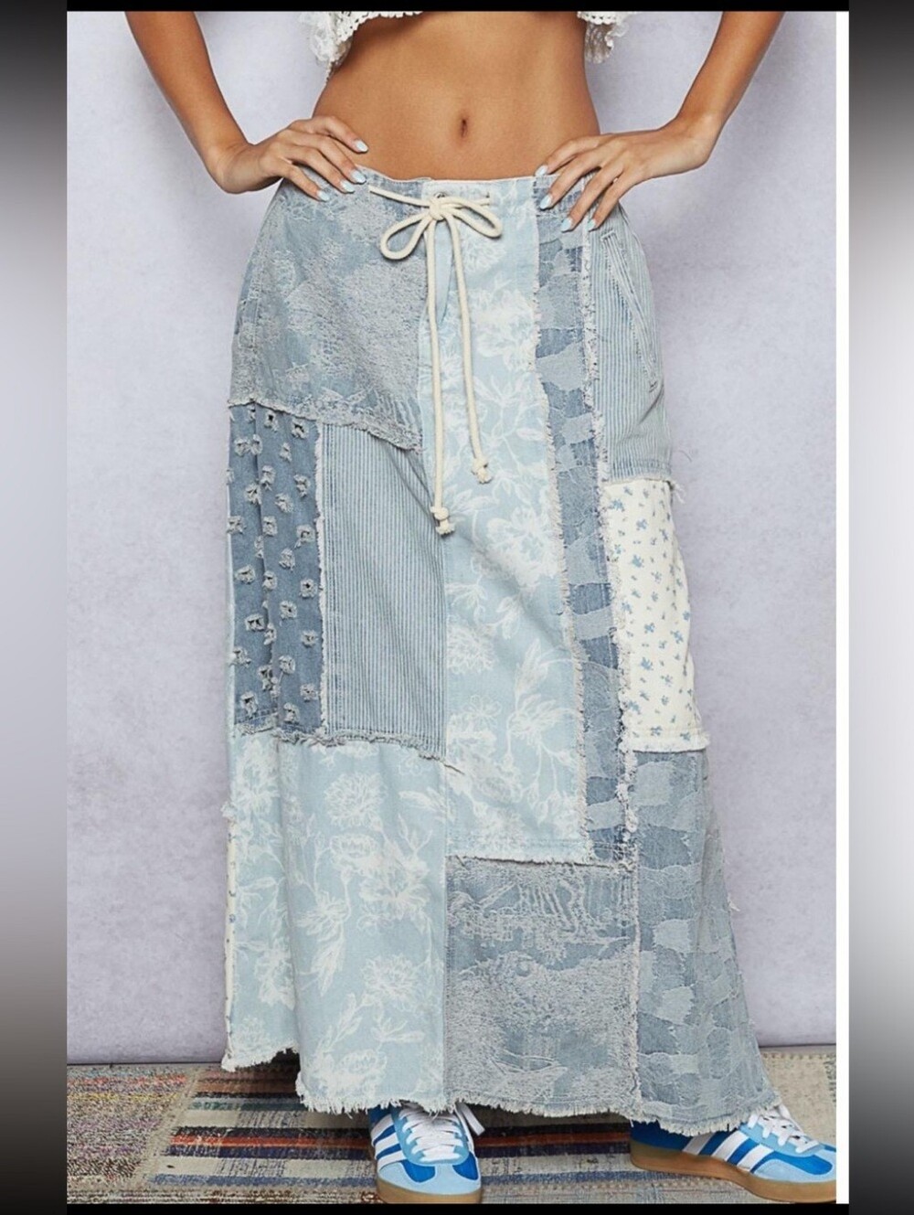 POL “Indigo Patches Maxi” Long Maxi Denim Light Blue Patchwork Skirt - Women S - Picture 8 of 13
